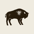 Bison Silhouette Icon. Vector Hand draw bison Symbol of America In Retro style with Grunge Texture