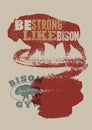 Bison silhouette phrase typographical vintage grunge style poster. Be strong like bison. Bison Gym icon, logo, label, sign, badge. Royalty Free Stock Photo