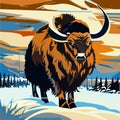 Bison in a snowy landscape. Vector illustration in retro style. Generative AI