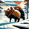 Bison in the snowy winter forest. Vector illustration in flat style AI generated