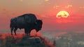 Bison standing on hill at sunset. Generative AI Royalty Free Stock Photo
