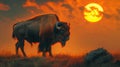 Bison standing on hill at sunset. Generative AI Royalty Free Stock Photo