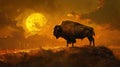Bison standing on hill at sunset. Generative AI Royalty Free Stock Photo