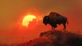 Bison standing on hill at sunset. Generative AI Royalty Free Stock Photo