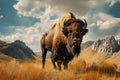 Bison in the steppe. Wild animal in the steppe, buffalo in the wild, AI Generated Royalty Free Stock Photo