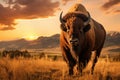 Bison at sunset in Yellowstone National Park, Wyoming, USA, A bison roaming across a grassland plateau during the setting sun, AI Royalty Free Stock Photo