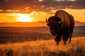 Bison at sunset in Yellowstone National Park, Wyoming, USA, A bison roaming across a grassland plateau during the setting sun, AI Royalty Free Stock Photo