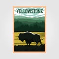 Bison on yellowstone national park vintage poster vector illustration, travel poster design