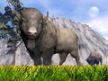 Bisons in the nature - 3D render Royalty Free Stock Photo