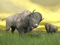 Bisons in nature - 3D render Royalty Free Stock Photo