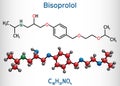 Bisoprolol molecule. It is cardioselective beta-blocker, used to treat high blood pressure, hypertension. Structural chemical