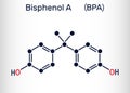 Bisphenol A, BPA, C15H16O2 molecule. It is precursor to polycarbonate plastics and epoxy resins. Structural chemical formula Royalty Free Stock Photo
