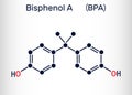 Bisphenol A, BPA, C15H16O2 molecule. It is precursor to polycarbonate plastics and epoxy resins. Structural chemical formula
