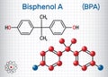 Bisphenol A BPA molecule. Sheet of paper in a cage. Structural chemical formula and molecule model