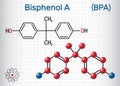 Bisphenol A BPA molecule. Sheet of paper in a cage. Structural chemical formula and molecule model Royalty Free Stock Photo