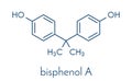 Bisphenol A BPA plastic pollutant molecule. Chemical often present in polycarbonate plastics, has estrogen disrupting effects..