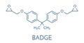 Bisphenol A diglycidyl ether BADGE, DGEBA epoxy glue constituent molecule. Skeletal formula.