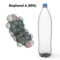 Bisphenol A molecule and plastic bottle, 3D illustration. Organic compound used in manufacturing of plastics Royalty Free Stock Photo