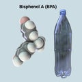 Bisphenol A molecule and plastic bottle, 3D illustration. Organic compound used in manufacturing of plastics Royalty Free Stock Photo