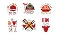 Bistro Hot and Tasty Logo Design Set, BBQ Best Grill Emblems Hand Drawn Vector Illustration