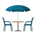 Bistro round table with open umbrella tent and two chairs