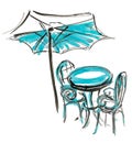 Bistro round table with open umbrella tent and two chairs hand drawn marker sketch