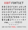 80 8Bit black pixelated font set in vintage 80s video computer game, uppercase, lowcase, numbers, symbols Royalty Free Stock Photo