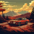 8-bit Car Driving In Desert Mountains: Retrowave Mural Painting