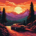 8-bit Car On Road: Dan Mumford Style Landscape Art