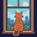 8 bit cat watches over a pixel city Royalty Free Stock Photo