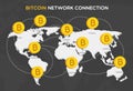 Bit coin network connection consisting of bitcoin money, world map and connection Royalty Free Stock Photo