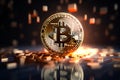 Bit coin sitting on top of pile of coins with blurry background. Generative AI Royalty Free Stock Photo