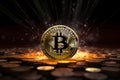 Bit coin sitting on top of pile of coins in front of black background. Generative AI Royalty Free Stock Photo