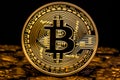 Bit coin sitting on top of pile of gold coins. Generative AI Royalty Free Stock Photo
