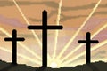 8 bit drawn easter sunrise with three crosses silhouetted