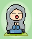 8 bit of a female pixel character. Muslim women\'s cartoons praying