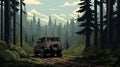 8-bit Jeep In Forest Illustration With Expansive Landscapes