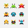 8 bit pixel arcade game alien invader. Superhero pixel space monster geek game