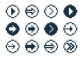 8 Bit pixel arrows in circles vector set of icons, collection of arrow direction cursors in old PC or gaming console style, single