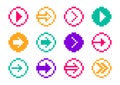 8 Bit pixel arrows in circles vector set of icons, collection of arrow direction cursors in old PC or gaming console style, single