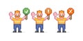 8bit pixel art cartoon set of three smiling guys holding green, orange, red different level signs of access