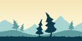 8bit pixel art illustration of morning mountain landscape with fir trees in retro platformer style