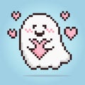 8 bit Pixel ghost. Cute flying ghost hugging a love in vector