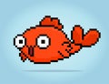 8 bit pixel golden fish. Animal for game assets in vector