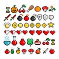 8-bit pixel graphics icon set. 46 different objects used in games. Game assets. Isolated illustration