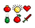 8-bit pixel graphics icon set. potion, sword coin and heart. Game assets. Isolated  illustration Royalty Free Stock Photo