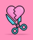 8 bit pixel illustration of love sign or pink heart cut by scissors metaphor of a broken relationship. Can be used for sticker, t