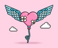 8 bit pixel illustration of pink balloon shaped like heart or wounded love with wings and flying. Can be used for sticker, t shirt