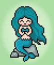8 bit pixel a mermaid blue haired in vector