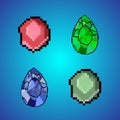 8 bit pixel ruby gemstones and pixel diamonds for game assets